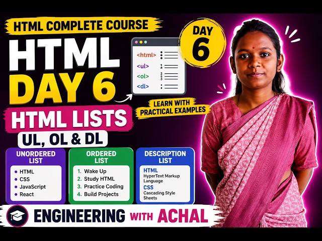 HTML Tutorial for Beginners in Hindi | Day 6 | HTML Lists (UL, OL & DL) | Complete HTML Course 2026