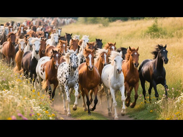 Huge horses run across a field of spring flowers - Horse neighing sounds - Horse videos