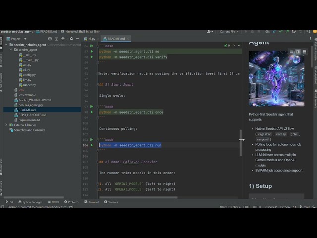 Moon Colony. Python AI Agent for the Seedstr Blind Hackathon