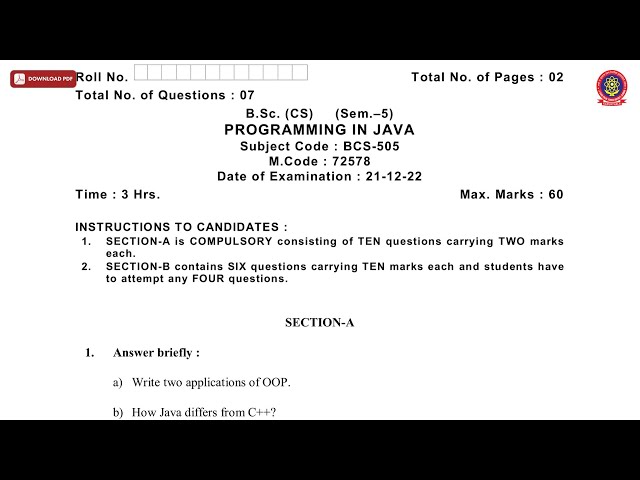 BSC 5TH SEM CS PROGRAMMING IN JAVA DEC 2022 | PTU
