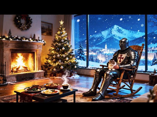 🎄LIVE 24/7 | Cozy Templar Winter Ambience 🛡️Medieval Fireplace & Snowy Window View | Relaxing Winter