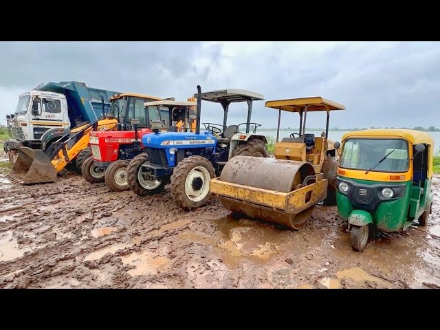 JCB Machine Loading Mud Into 8 TATA Dump Trucks And Tow Tractor Trolley | Auto, Mahindra Tractor 