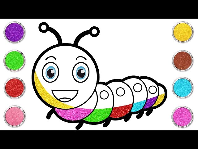 Caterpillar Rainbow Drawing, Painting, Coloring for Kids & Toddlers | Let's Draw, Glitter Paint