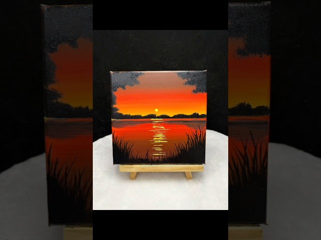Mini Canvas Painting Tutorial | Easy Sunset Lake Reflection #art