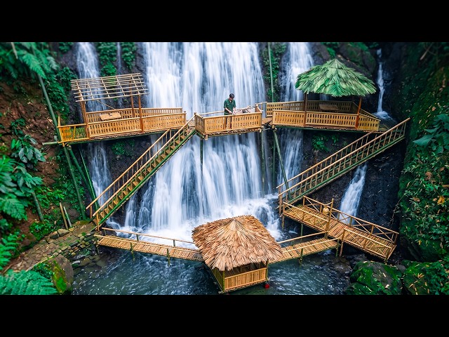 Building a Bamboo Shelter on a Waterfall | Full Process