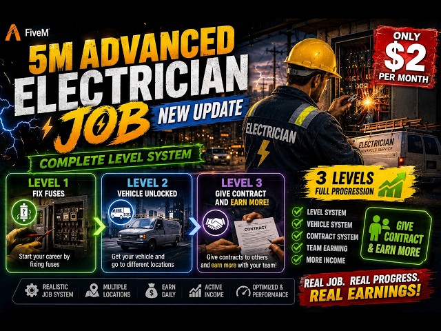 🔥 FiveM Advanced Electrician Job NEW UPDATE! ⚡ 3 Levels + Vehicle + Contract System
