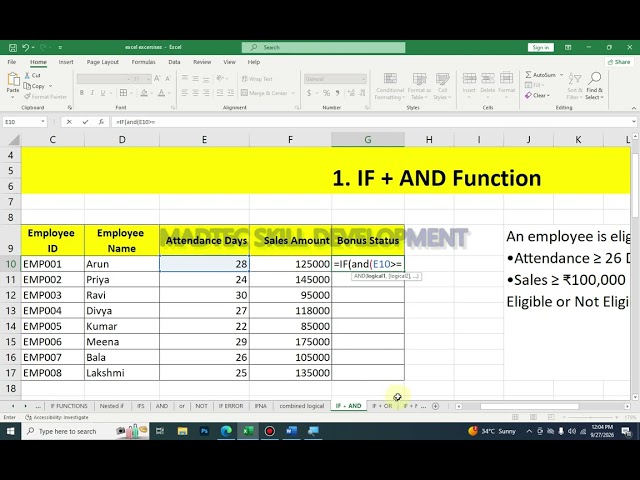 Excel Basic to Advanced | MS Office Course Certificate | Excel IF+AND Functions - 25th Class
