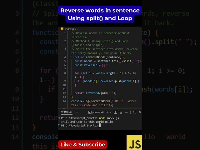 #100 Reverse Words in Sentence | No Library JS Trick (Clean & Fast)
