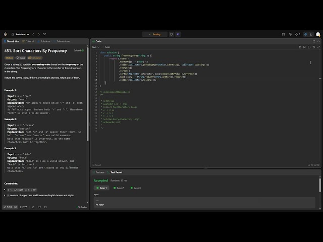 LeetCode 451 - Java - Usando Stream pipelining e Priority Queue