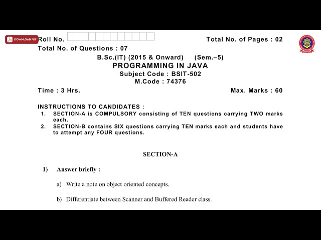 BSC 5TH SEM IT PROGRAMMING IN JAVA NOV 2019 | PTU