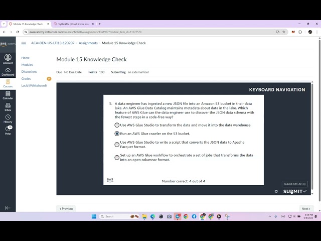 Module 15 Knowledge Check | Data Engineering Patterns | AWS Academy Cloud Architecting [109663]