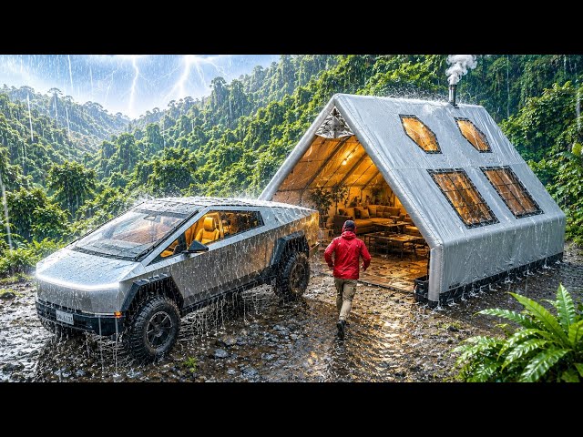 LUXURY CAMPING IN HEAVY RAIN ⛈️ COZY INFLATABLE TENT WITH TESLA CYBERTRUCK