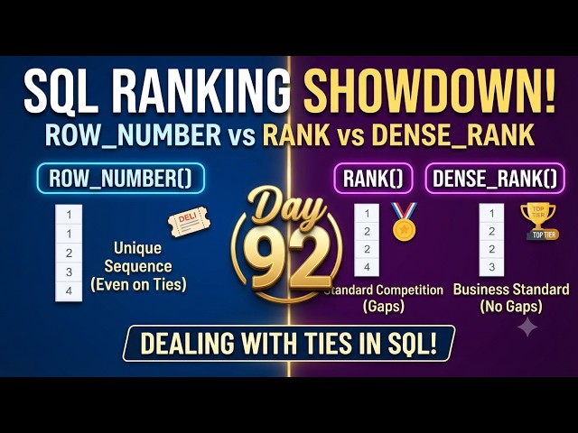Day 9 SQL Ranking Functions Explained: ROW_NUMBER vs RANK vs DENSE_RANK | SQL for Data Analysis