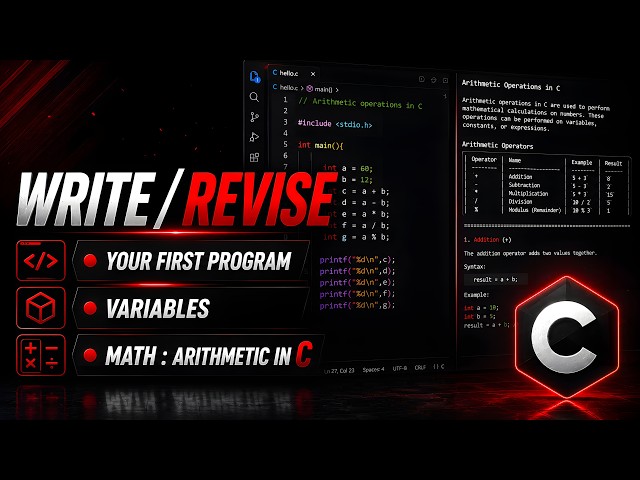 C Programming Tutorial #1 | First C Program, Variables & Math | Code + Theory
