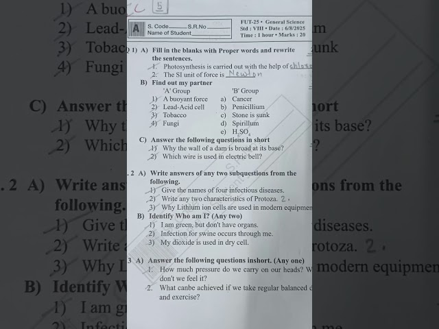 8th std Science question paper for unit test 1st 2025
