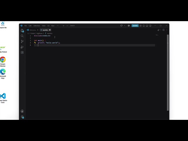 how to write the classic "Hello World" program in C Language using VS Code on my laptop.
