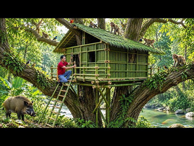 Building a Bamboo Shelter in a Tree - Survival Skills to Hide from Wild Animals