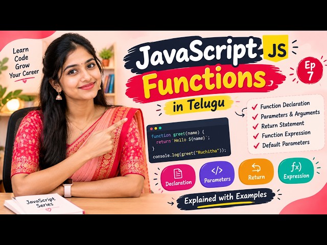 JavaScript Functions in Telugu 🔥 | Function Declaration, Parameters, Return & Expression | Ep 7