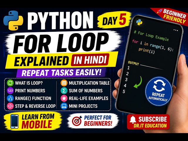 Python For Loop Explained in Hindi 🔥 | Python Course Day 5 | Learn Python from Mobile 📱