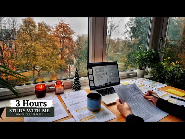 3 HOUR STUDY WITH ME on A RAINY DAY   Background noise, 10 min Break, No music, Study with Merve