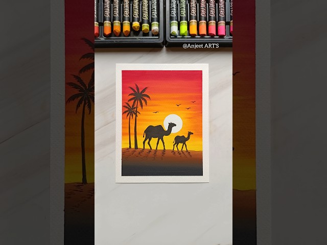 🐪 Easy Camel Sunset Scenery Drawing | Oil Pastel Step-by-Step Tutorial