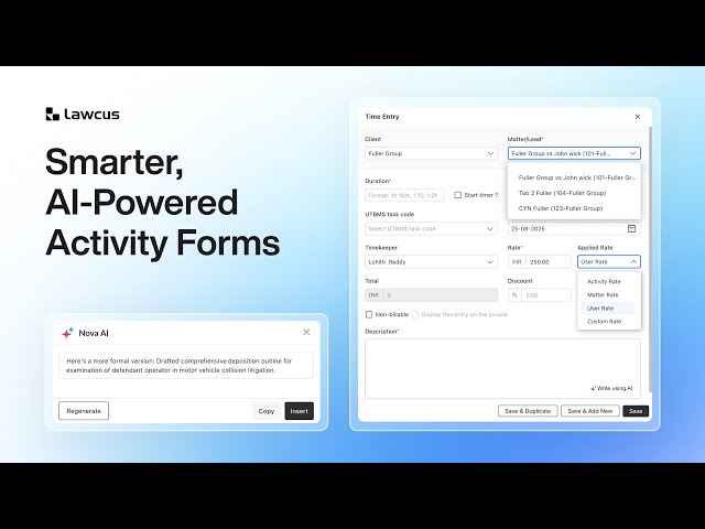 Smarter, AI-Powered Activity Forms in Lawcus | Faster, Cleaner, More Accurate Billing