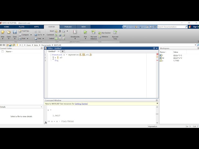 The Basic Newton Method in MATLAB