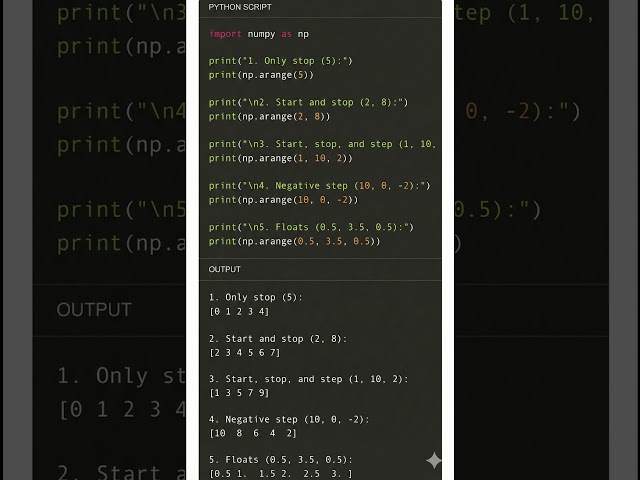 Python Code: arange function to form 1D Array in NumPy #datascience #datascienceforbeginners
