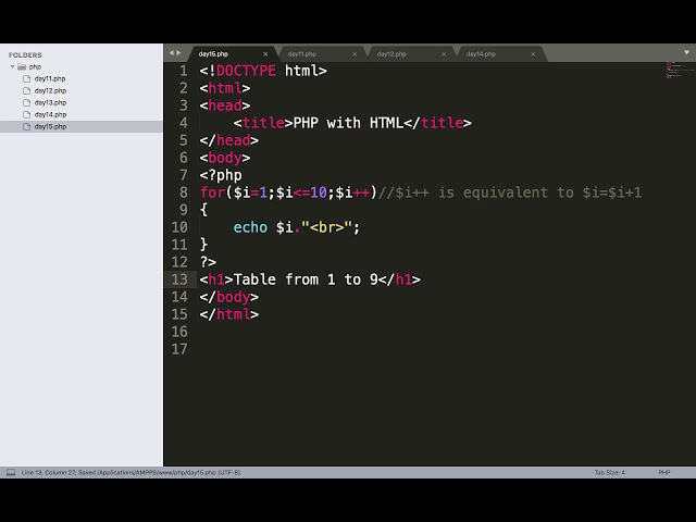PHP - Day 15 - Using For loop to print numbers in HTML table