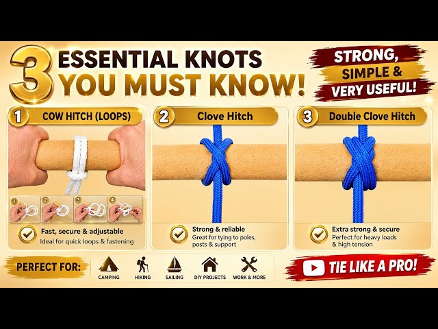 3 Essential Rope Knots You Should Know! 😱 | How to Tie COW HITCH, Clove Hitch & Double Clove Hitch