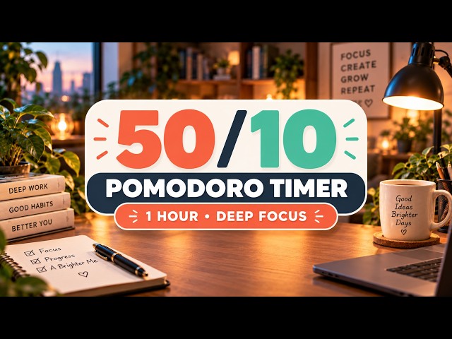 60 Minute Pomodoro Timer | 50 Min Focus + 10 Min Break | Deep Work & Study Timer