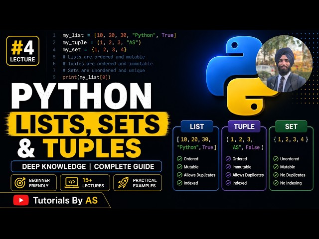 Python Tutorial #4 | Lists, Tuples & Sets in Python | Complete Guide | Tutorials By AS