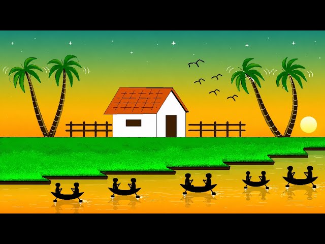 Beautiful Village Sunset Scenery Drawing in MS Paint | Easy Landscape Painting Tutorial 🌅🎨