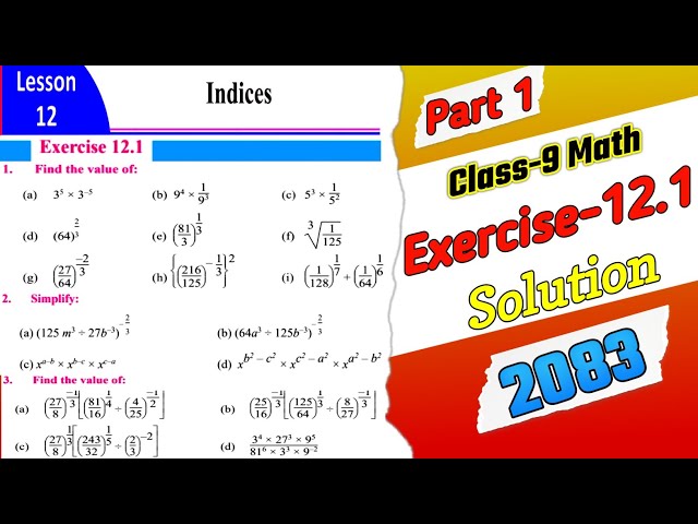 Class 9 Math Lesson 12 Indices Exercise 12.1 Solution in ENGLISH MEDIUM 2083 | Part 1
