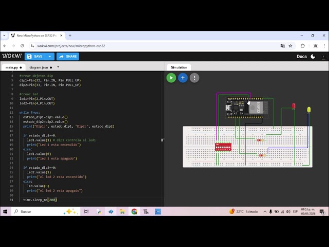 6. ESP32 Micro Python PULL_UP DIP controlador 2 LEDs Wokwi y Thonny
