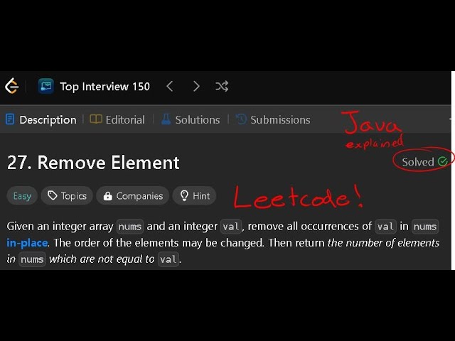 LeetCode: Remove Element in Java, using: arrays as parameters, for loop, comparing array values