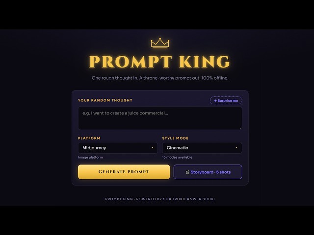 Prompt King — AI Prompt Generator App for Midjourney, Grok, Kling  | 5-Shot Storyboard in 1 Click