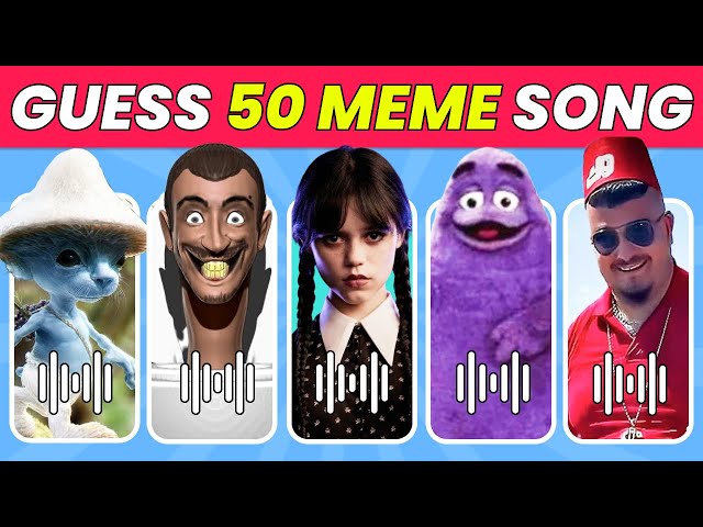 GUESS 50 MEME SONG 🎵🔥 Skibidi Toilet, MrBeast, Smurf Cat, Grimace, Wednesday, John Cena, Boywithuke