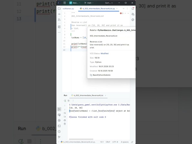 🗣️🎧: 🇨🇭 | 🧮 Basic Python - Challenges - "002_Intermediate_ReverseAList" |  #python #education