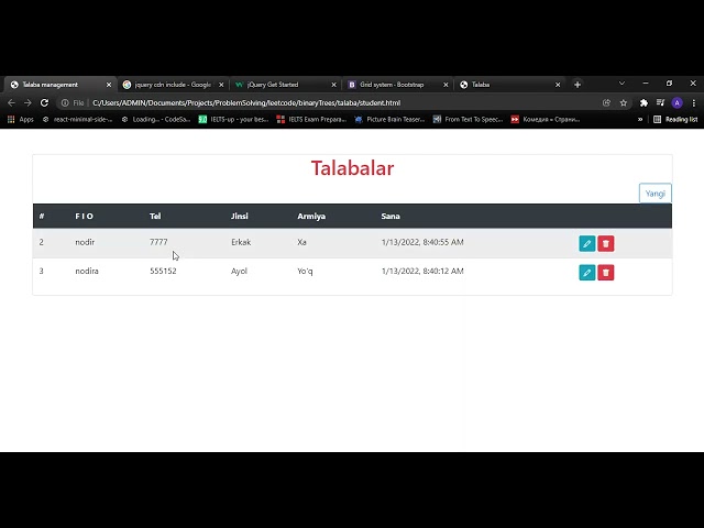 Javascript dasturlash tili:  25 -  Talaba menejment 1 (Proyekt)