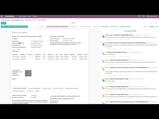 SIdIA-RyCP-VxP-AltaBienesComodatoUNAMTercero: En procesoDeRevisión-porOperador DGPU-EnviarCorrección
