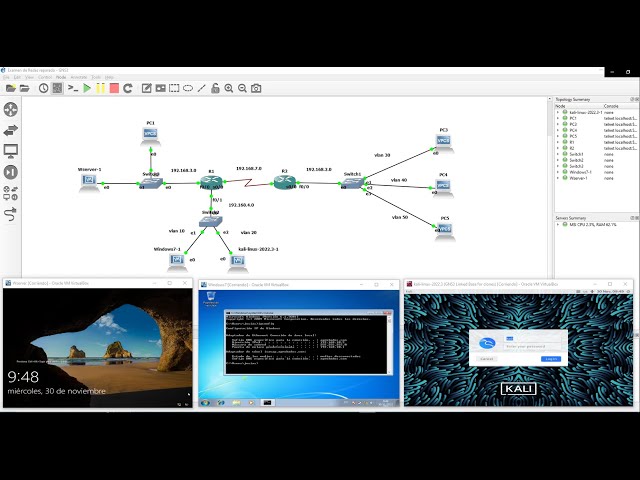 Topología en GNS3: Configuración básica-Vlanes-Enrutamiento OSPF v2 Windows server2019 DHCP-DNS-IIS.