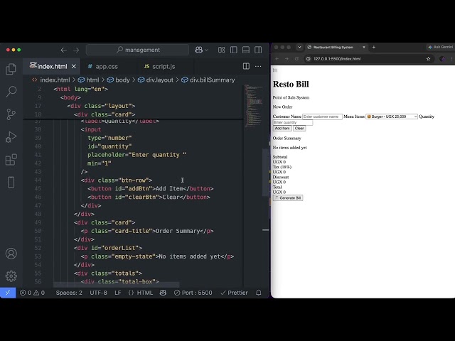 Build a restaurant Billing System Using HTML, CSS and JavaScript | beginner project