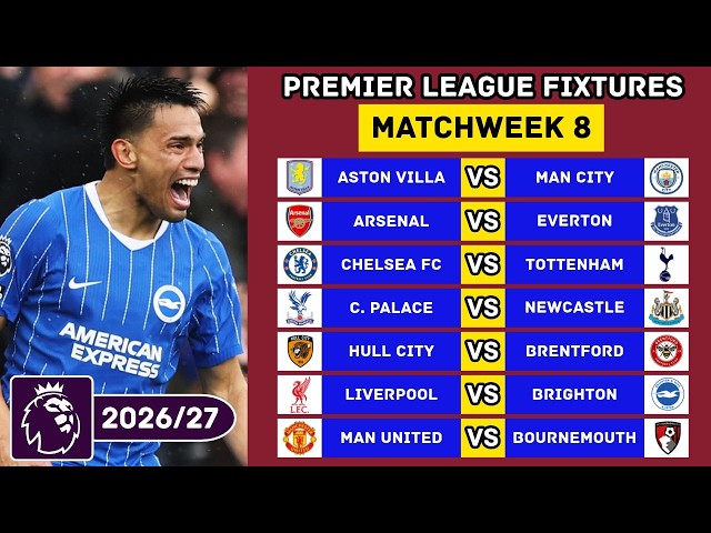 EPL FIXTURES TODAY - MATCHWEEK 8 - PREMIER LEAGUE FIXTURES 2026/2027 - EPL FIXTURES 2026/27
