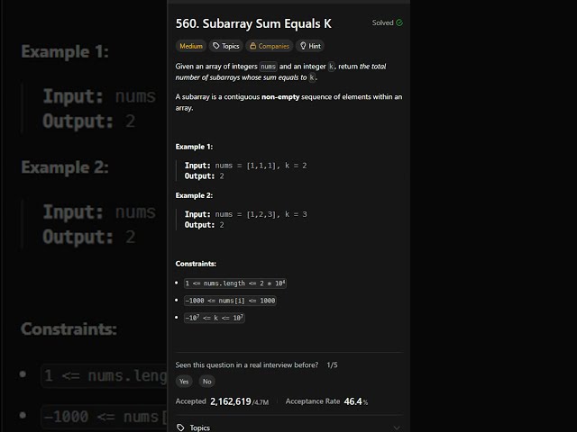 560. Subarray Sum Equals K