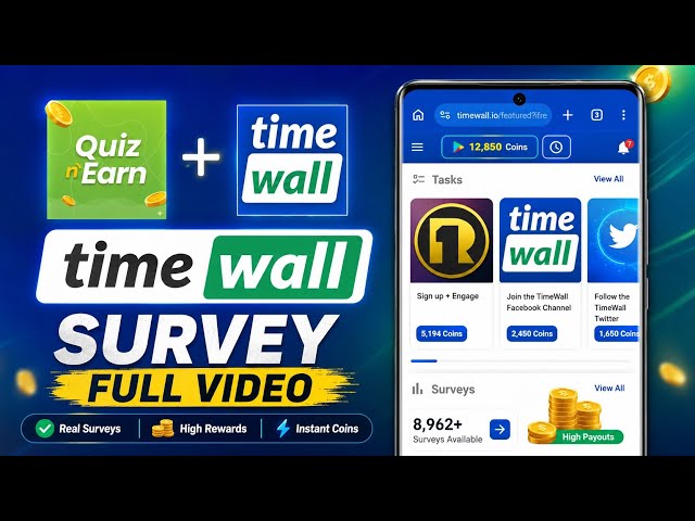 Timewall Survey Task Tutorial (2026) | How to Earn Coins in Quiz & Earn App | Full Video