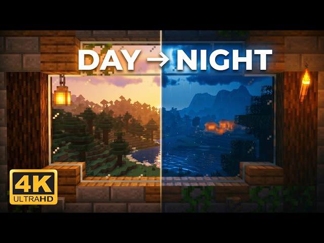 4K Minecraft Day/Night Window View - Rainy River & Cozy Village Ambience for Sleep