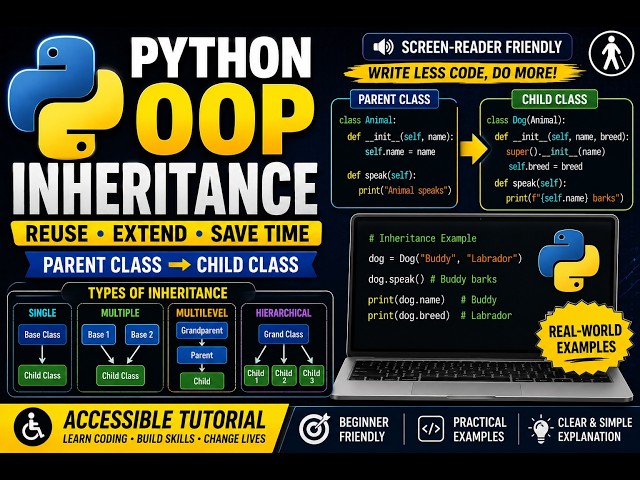 Python lecture 27: Python Inheritance Tutorial | Parent-Child Class & method overwriting | NVDA/JAWS