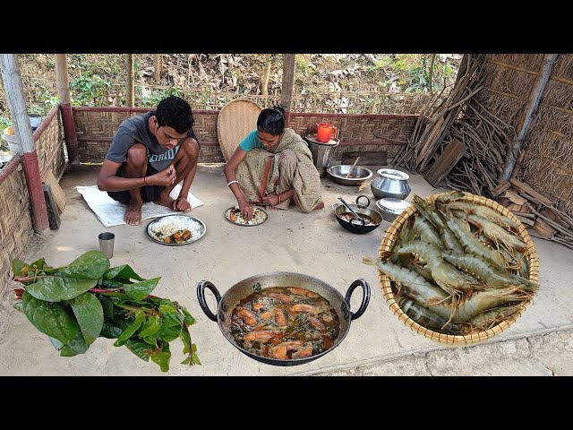 A Village Mother and Son Cook Delicious PRAWNS CURRY with PUI SHAK for Lunch