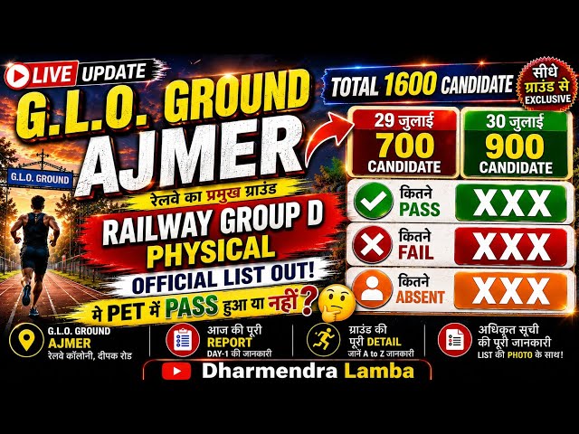 G.L.O. Ground Ajmer Railway Group D PET Result | 29 जुलाई 700 & 30 जुलाई 900 Candidate कितने pass 